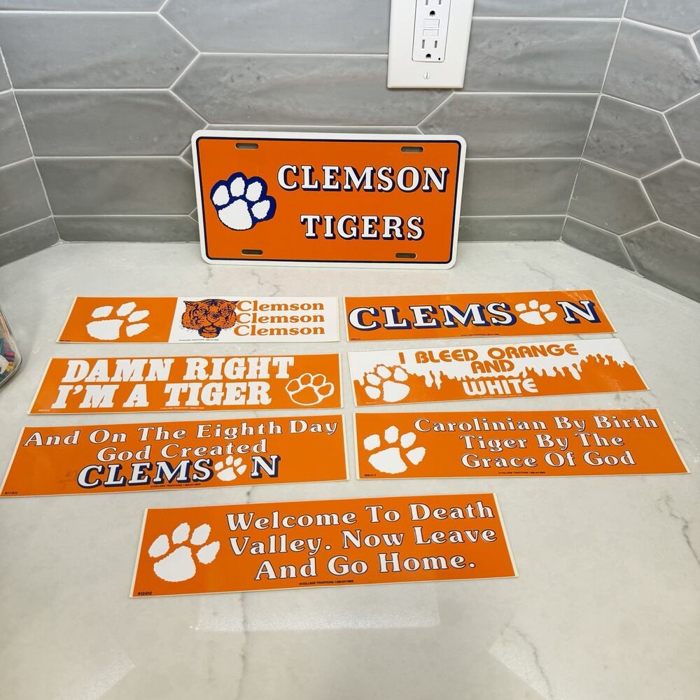 Vintage Clemson Tigers Fan Lot License Plate & 7 Bumper Stickers Bundle NCAA